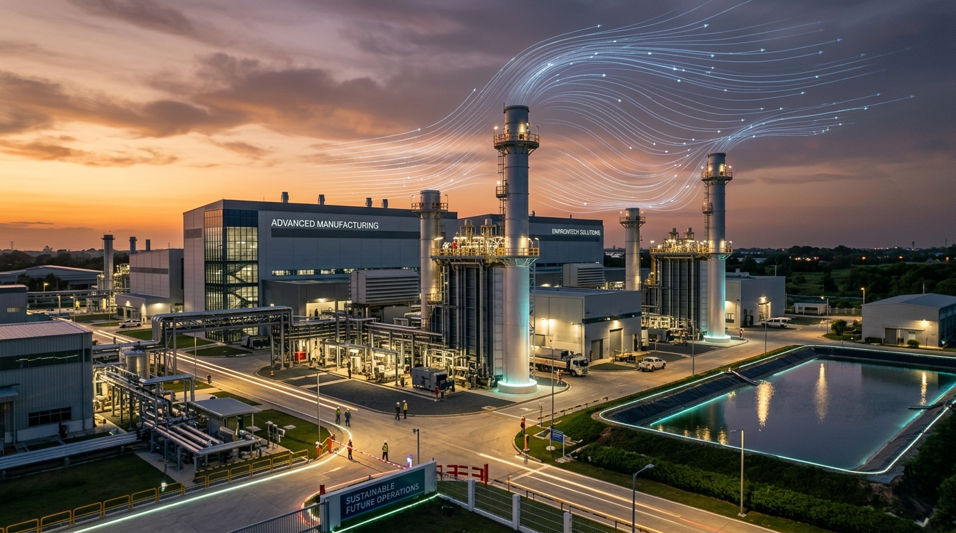 Instalação industrial moderna com simulação de dispersão de pluma atmosférica