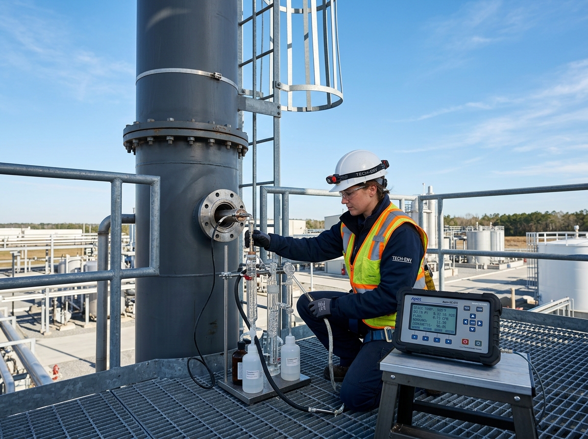 Técnico realizando amostragem isocinética em chaminé industrial